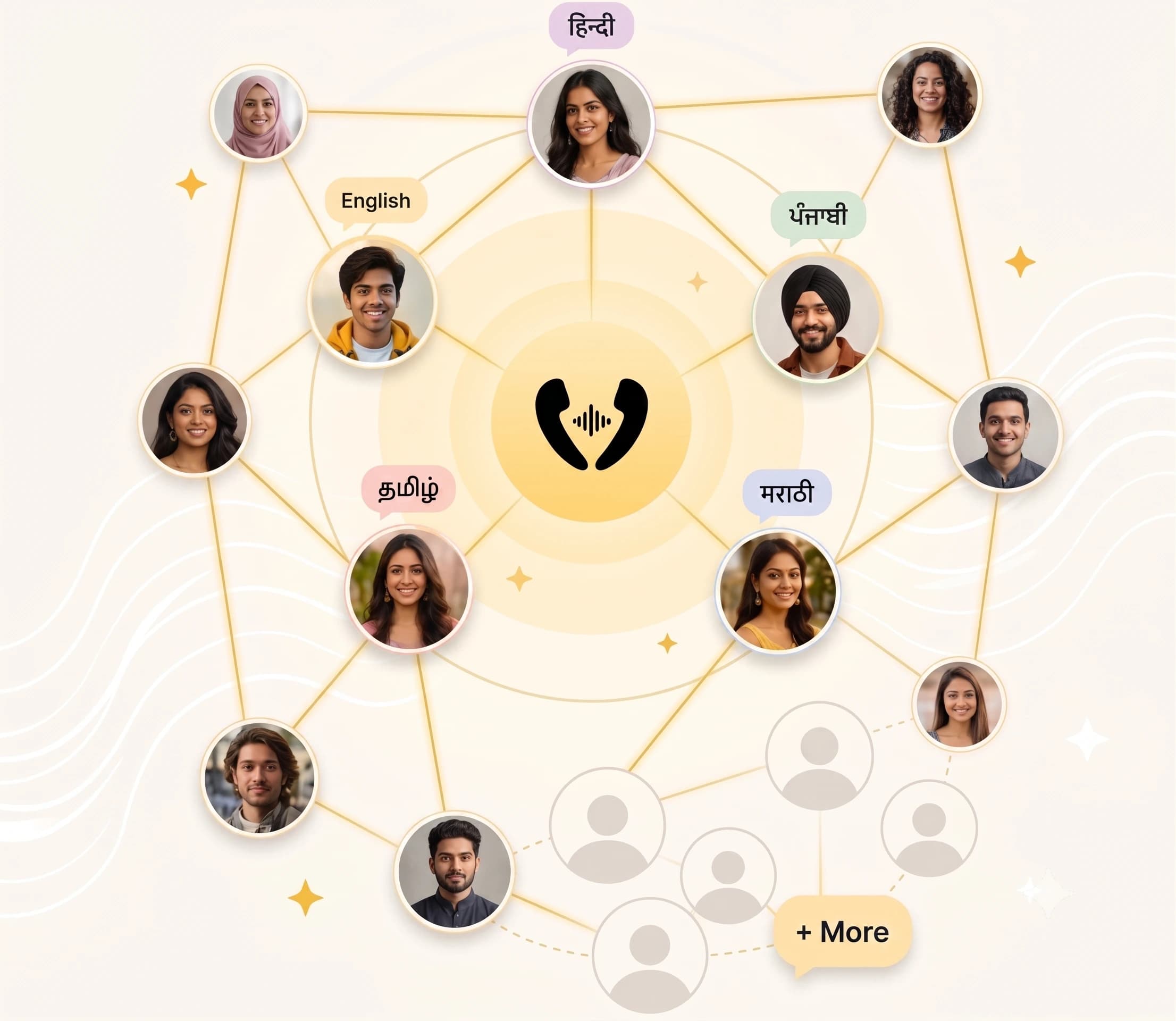 A network of people across India, each with a language speech bubble — हिन्दी, English, ਪੰਜਾਬੀ, தமிழ், मराठी and more — all connected through the Voizo hub.