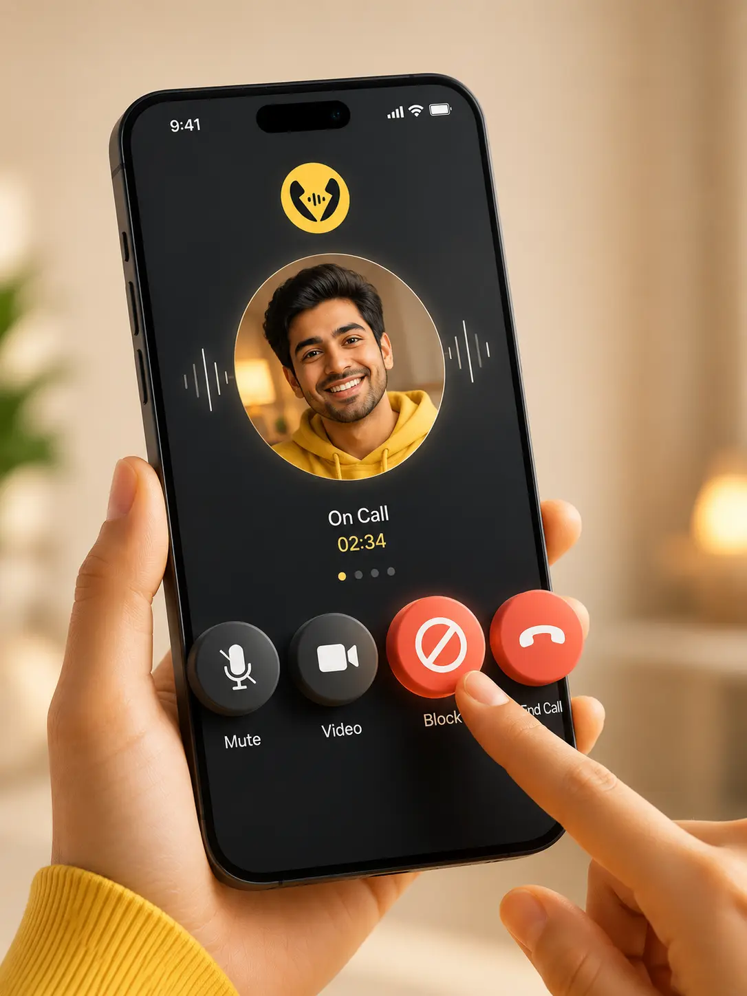 A Voizo call with mute, video, block and end-call controls — the choice is yours.